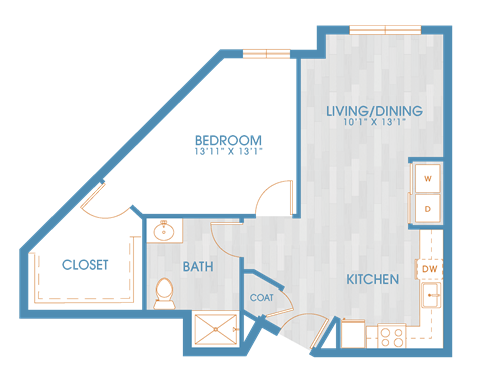 Floor plan for 1 bed, 1 bath, 719 sqft